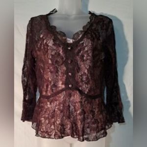 Apt. 9 Brown lace Long sleeve blouse w/ removable Blush pink camisole.  NWOT.